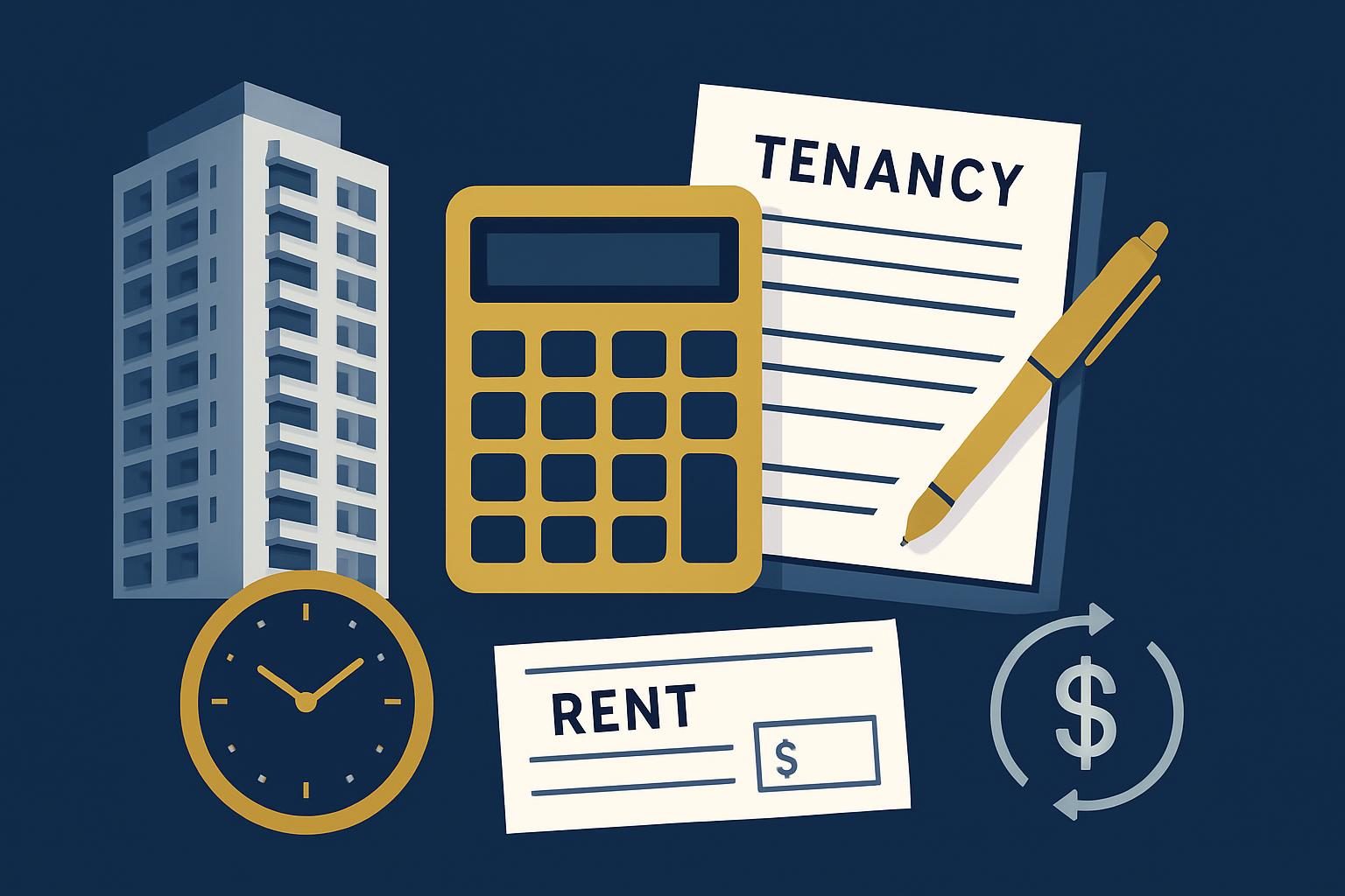 Dubai property papers beside calculator and rent cheque