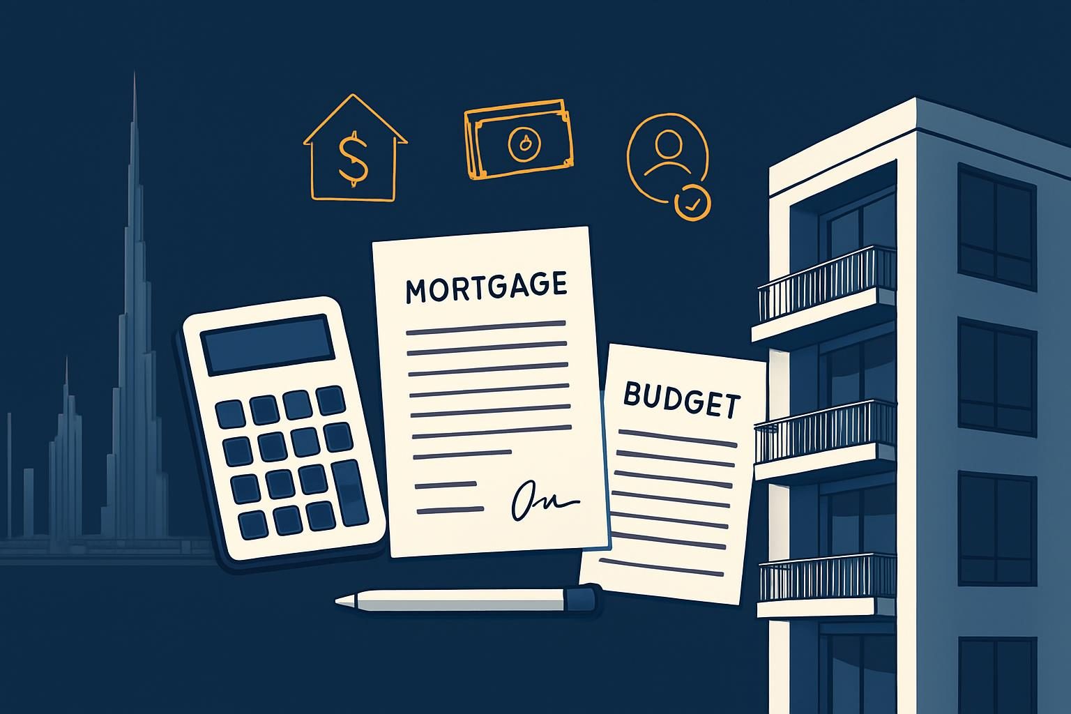 Dubai property budget planning with calculator and mortgage papers