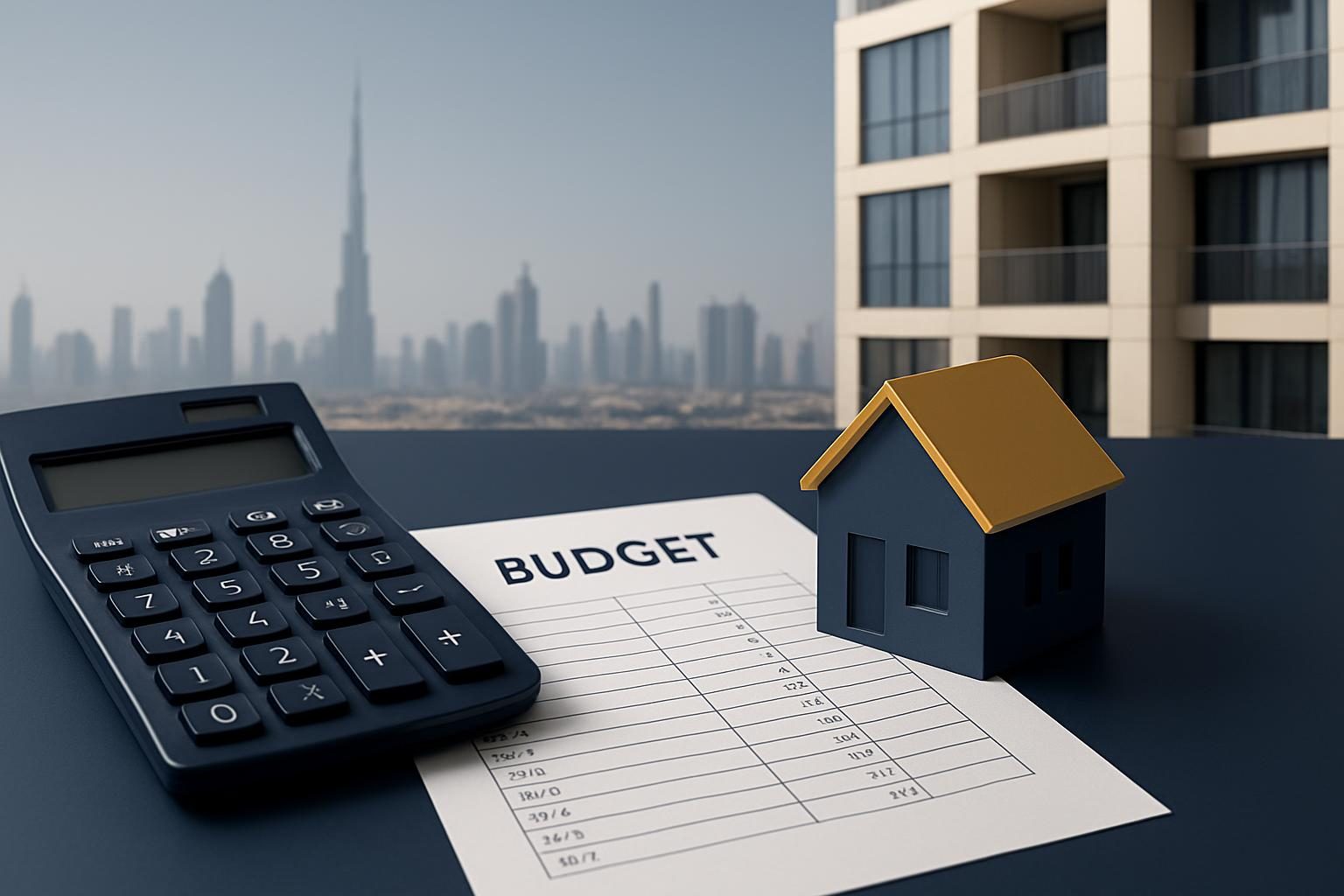 Dubai property budget concept with calculator and AED figures